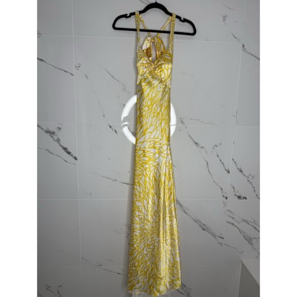 Morgan & Co  Gown Dress Maxi Yellow Satin Prom Wedding Guest Open Back Sz 1/2 - Picture 1 of 9